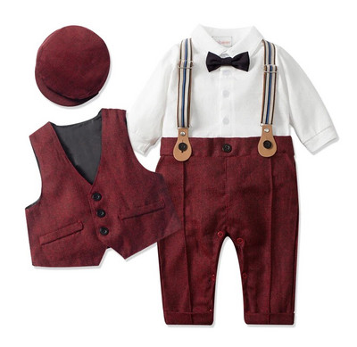 Nou-născut Bebeluș Băiețel Costum Formal Petrecere Zi de naștere Nuntă Tinuta pentru copii mici Salopetă + Vestă + Beretă + Papion + Bretă 0-3 guri