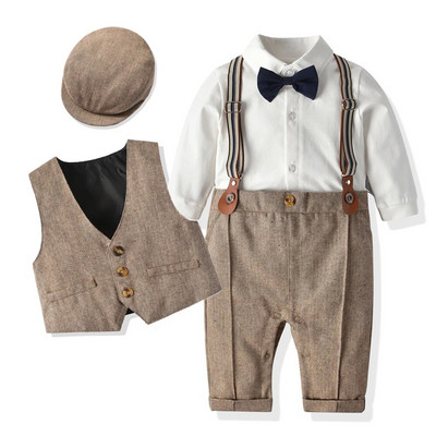 Jaundzimušā zēna oficiālā uzvalka ballīte dzimšanas dienas kāzām, mazuļiem zēniem tērps kombinezons+veste+berete+tauriņš+auksturs 0-3 mutes
