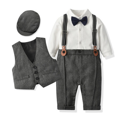 Nou-născut Bebeluș Băiețel Costum Formal Petrecere Zi de naștere Nuntă Tinuta pentru copii mici Salopetă + Vestă + Beretă + Papion + Bretă 0-3 guri