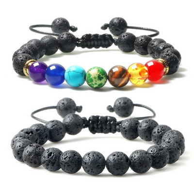 Естествен вулканичен скален камък Мъжки гривни Рейки 7 Chakra Healing Beads Гривна Черна лава Stretch Elephant Mala Buddha Bangles