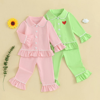 Бебешки комплект пижами за момичета Детски дневни дрехи с дълъг ръкав с ревери с волани и подгъви, копчета, горнища, панталони, дрехи, костюм, есенно и пролетно спално облекло