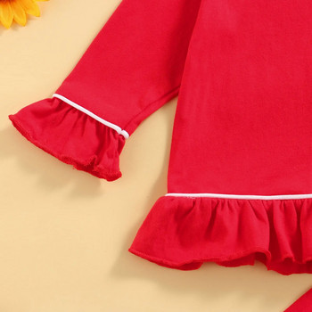Бебешки комплект пижами за момичета Детски дневни дрехи с дълъг ръкав с ревери с волани и подгъви, копчета, горнища, панталони, дрехи, костюм, есенно и пролетно спално облекло