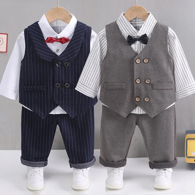 2023 нов детски едноцветен кариран комплект джентълменски костюм, риза с вратовръзка за момче, комплект от три части, детска бебешка официална рокля