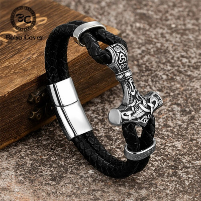 Винтидж кожена гривна с чук на викингския тор, мъжка скандинавска руна Mjolnir гривна, пънк, ръчно изработен амулет, скандинавски бижута, подарък