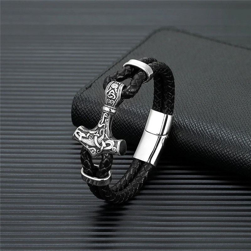 Vintage Viking Thor's Hammer bőr karkötő férfi nordic rúnák Mjolnir csuklópánt punk kézzel készített amulett skandináv ékszer ajándék