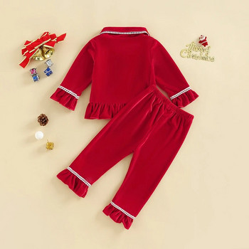1-5 г. Бебешки комплект пижами от червено кадифе Есенно-зимно облекло за малки деца Детски ризи с волани с дълъг ръкав Панталони Детско спално облекло