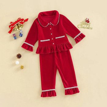 1-5 г. Бебешки комплект пижами от червено кадифе Есенно-зимно облекло за малки деца Детски ризи с волани с дълъг ръкав Панталони Детско спално облекло