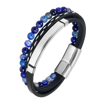 MingAo Charm Bijuterii pentru bărbați Piatră naturală Brățară din piele cu mai multe straturi Închidere magnetică din oțel inoxidabil negru Brățară cu margele ochi de tigru