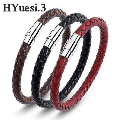Simple Men Leather Bracelet Multicolor Stainless Steel Magnetic Button Braided Bangle Bracelet Valentine`S Day Jewelry Gifts