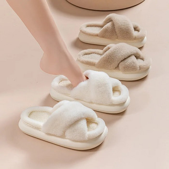 Παντόφλες Fluffy Fur Home Γυναικείες Χειμώνας 2022 Νέα αντιολισθητικά παπούτσια εσωτερικού δαπέδου με χοντρό κάτω μέρος Βαμβακερές γούνινες παντόφλες σαγιονάρες