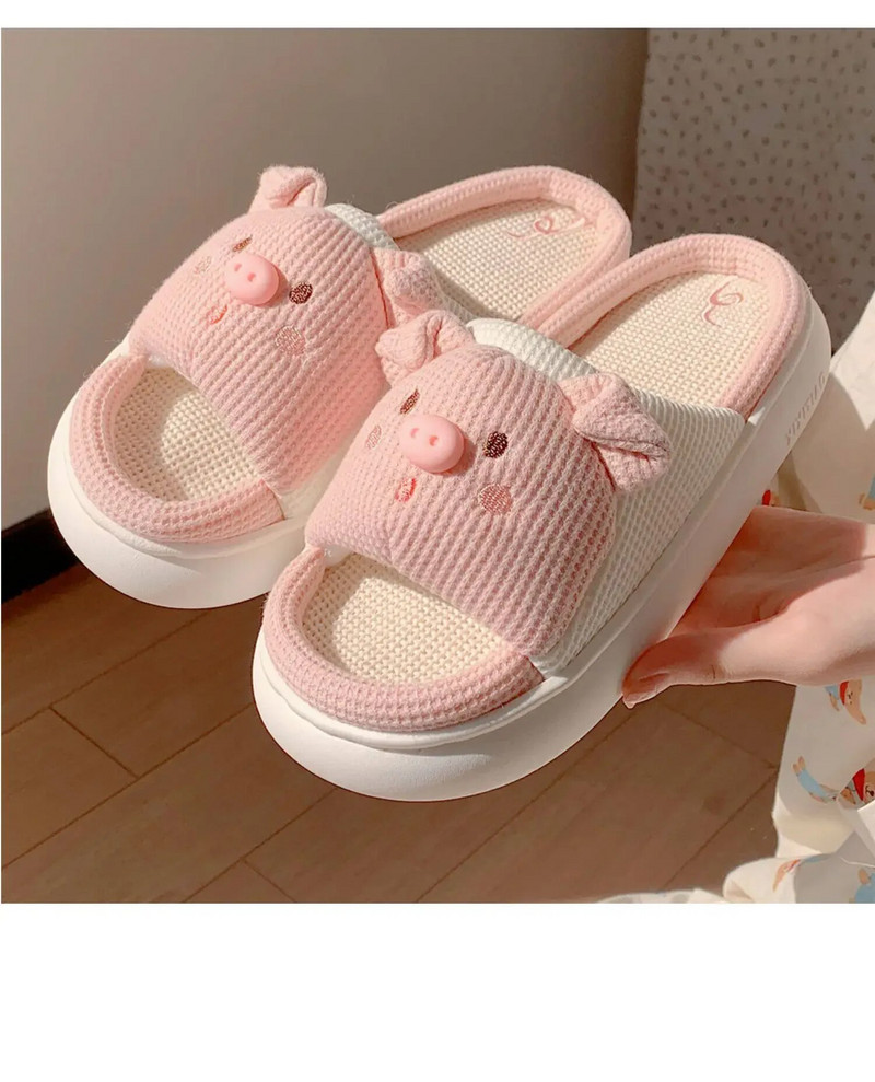 Papuci drăguți de porc din desene animate 2023 Papuci de femei de vară pantofi de dormitor de interior pantofi moale cu talpă groasă papuci de in.