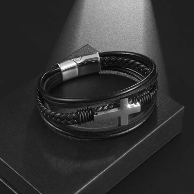 Brățară clasică din piele neagră cu pandantiv cu cataramă magnetică de epocă X, potrivită pentru bijuterii rock casual de modă pentru bărbați