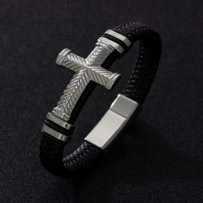 Brățară clasică din piele neagră cu pandantiv cu cataramă magnetică de epocă X, potrivită pentru bijuterii rock casual de modă pentru bărbați