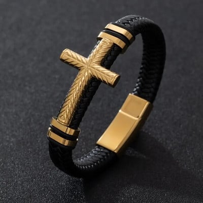 Brățară clasică din piele neagră cu pandantiv cu cataramă magnetică de epocă X, potrivită pentru bijuterii rock casual de modă pentru bărbați