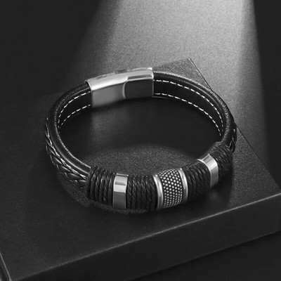 Brățară clasică din piele neagră cu pandantiv cu cataramă magnetică de epocă X, potrivită pentru bijuterii rock casual de modă pentru bărbați