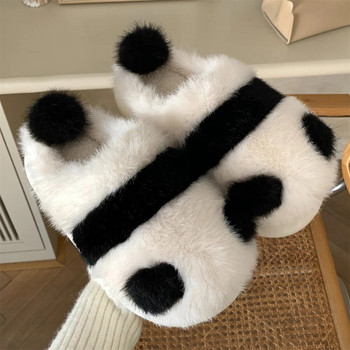 Зимни вътрешни панда чехли Дамски плоски пухкави домашни анимационни дамски памучни обувки Женски сладки животински топли неплъзгащи се обувки Пързалки