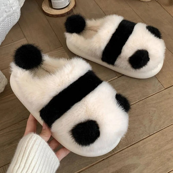 Зимни вътрешни панда чехли Дамски плоски пухкави домашни анимационни дамски памучни обувки Женски сладки животински топли неплъзгащи се обувки Пързалки