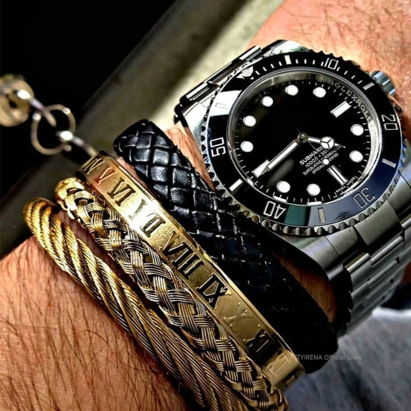 Luxury Roman Royal Classic Titanium Steel Cânepă frânghie Cataramă Brățări deschise Brățări Moda Tip C Numeral răsucit pentru bărbați