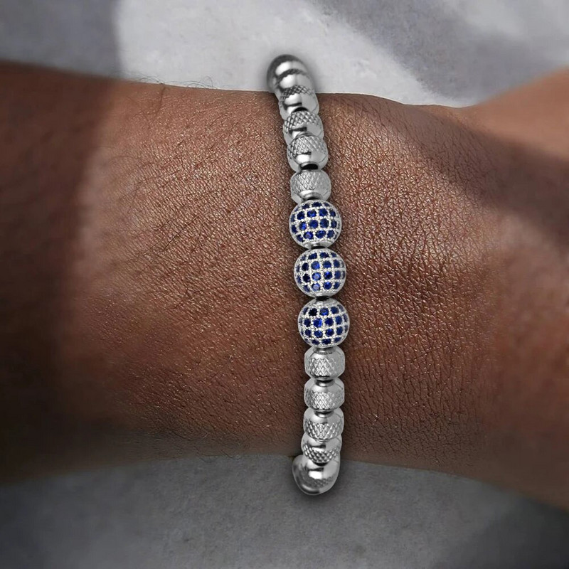 Luksuzne muške narukvice Pave Setting Plave CZ perle 6 mm Okrugle perle od nehrđajućeg čelika Pletene narukvice prijateljstva Dropshipping
