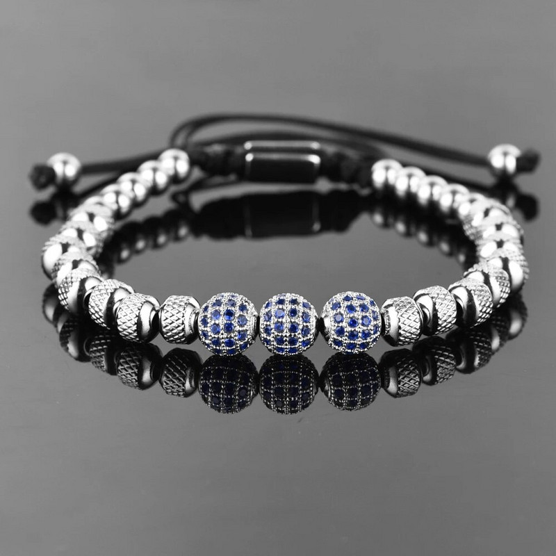 Luksuzne muške narukvice Pave Setting Plave CZ perle 6 mm Okrugle perle od nehrđajućeg čelika Pletene narukvice prijateljstva Dropshipping