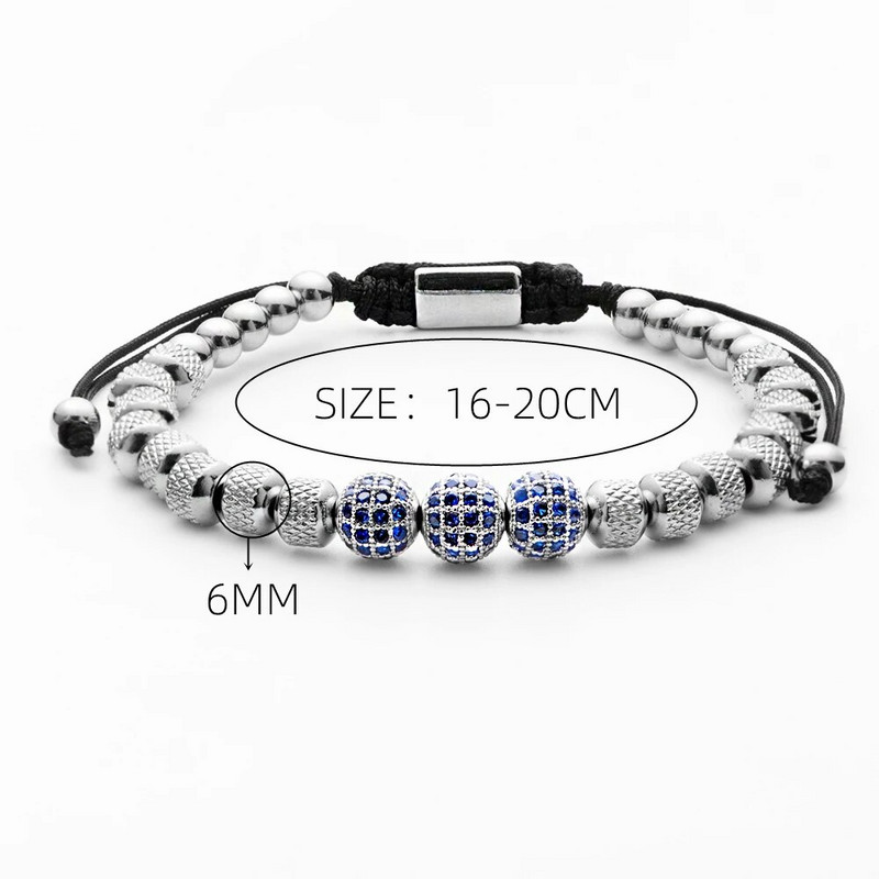 Luksuzne muške narukvice Pave Setting Plave CZ perle 6 mm Okrugle perle od nehrđajućeg čelika Pletene narukvice prijateljstva Dropshipping