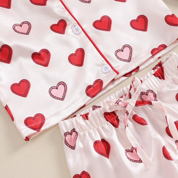 Детски, момичета, комплект пролетно-есенно ежедневни облекла Сатенено копринено спално облекло за малки деца Риза с копчета с дълъг ръкав и копчета с принт на сърце + панталон Пижамен комплект