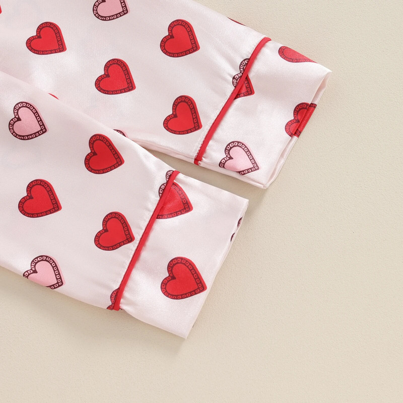 Vaikų mergaičių pavasario rudens poilsio drabužių rinkinys, satino šilko mažylių miegui skirtas marškinėliai su širdelės raštais ilgomis rankovėmis atvartu sagomis ir pižamų rinkinys