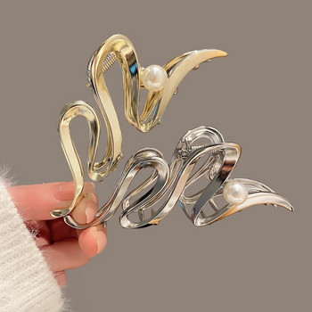 Корейски стил Златно сребърен цвят Големи метални перлени вълни Геометрични нокът за коса за жени Аксесоари Crab Clamp Clip Бижута за шапки