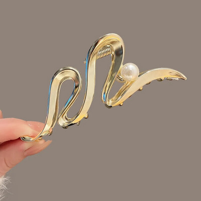 Korejski stil Zlatno srebrna boja Veliki metalni biserni valovi Geometrijska kandža za kosu za žene Dodaci Crab Clamp Clip Pokrivala za glavu Nakit