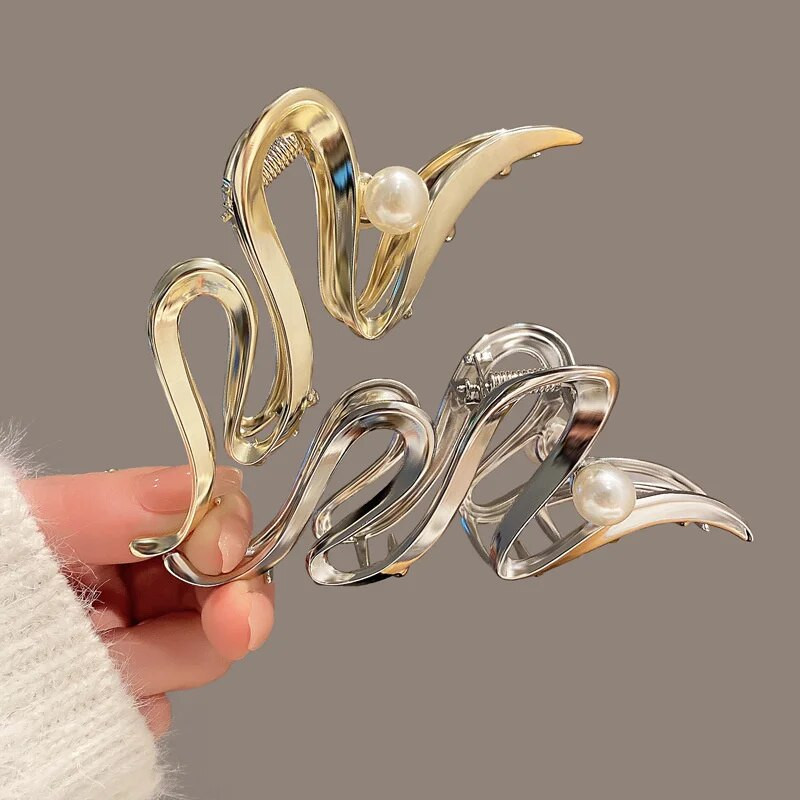 Korejski stil Zlatno srebrna boja Veliki metalni biserni valovi Geometrijska kandža za kosu za žene Dodaci Crab Clamp Clip Pokrivala za glavu Nakit
