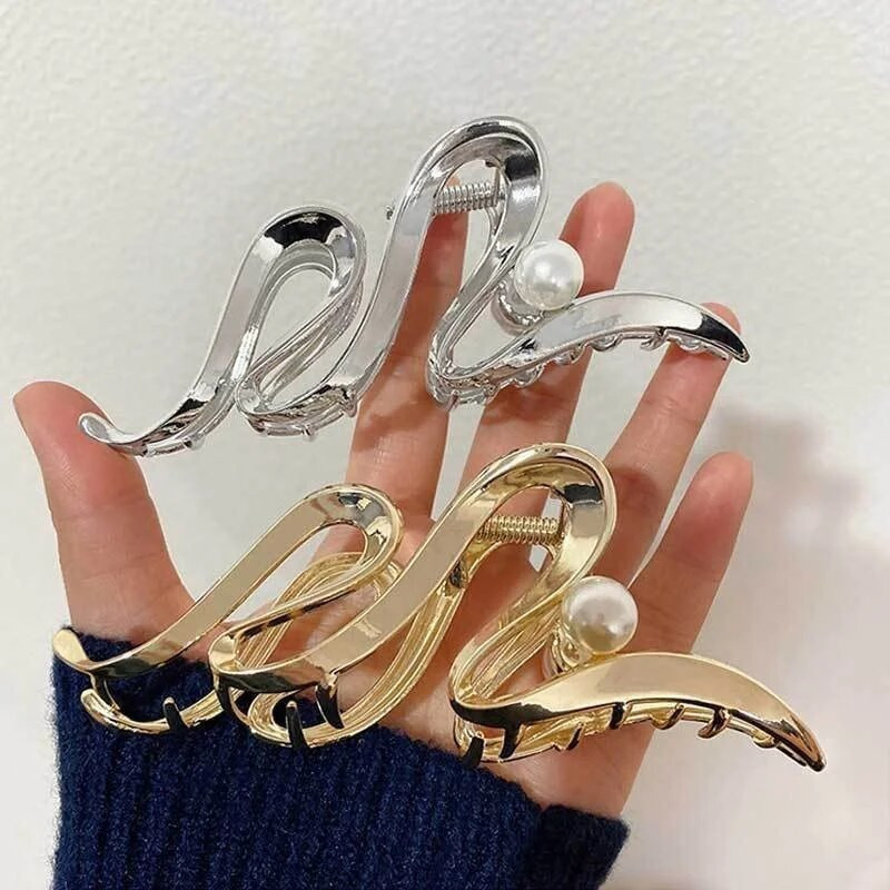 Korejski stil Zlatno srebrna boja Veliki metalni biserni valovi Geometrijska kandža za kosu za žene Dodaci Crab Clamp Clip Pokrivala za glavu Nakit