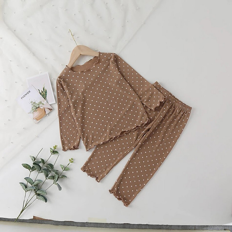 Rudens žiema Nauji kūdikiai berniukams mergaitėms mielas taškuotas pižamos rinkinys mažiems vaikams saldus ilgomis rankovėmis briaunoti medvilniniai 2 vnt kostiumai drabužiai