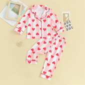 1-5Y vaikiški pižamų rinkiniai Valentino širdelės spaudos mygtuku ilgomis rankovėmis marškiniai ir kelnių rinkiniai Kūdikių poilsio drabužiai Vaikų miegui
