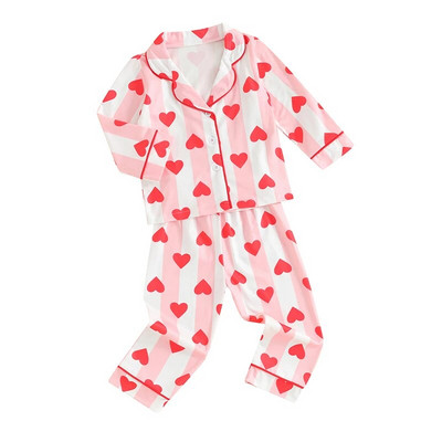 1-5Y vaikiški pižamų rinkiniai Valentino širdelės spaudos mygtuku ilgomis rankovėmis marškiniai ir kelnių rinkiniai Kūdikių poilsio drabužiai Vaikų miegui