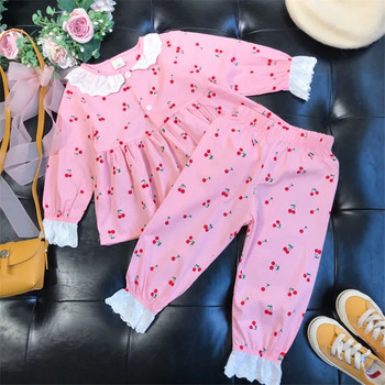 Комплект дантелена пижама за момиченце Памучна риза+панталон 2PCS Пролет Лято Детски спално облекло Копче с дълъг ръкав Бебешки домашен дневен костюм Дрехи