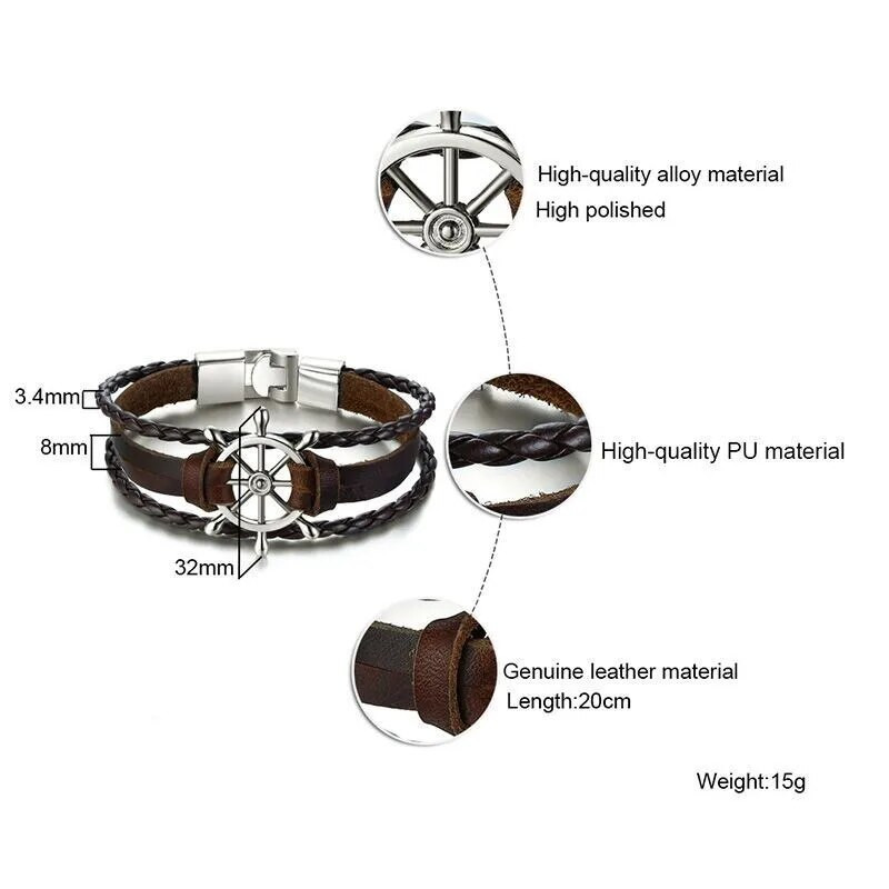 Vnox vintage vairo žavesio apyrankė vyrams Daugiasluoksnės odinės virvinės apyrankės apyrankės 7,87 colio pulseira masculina