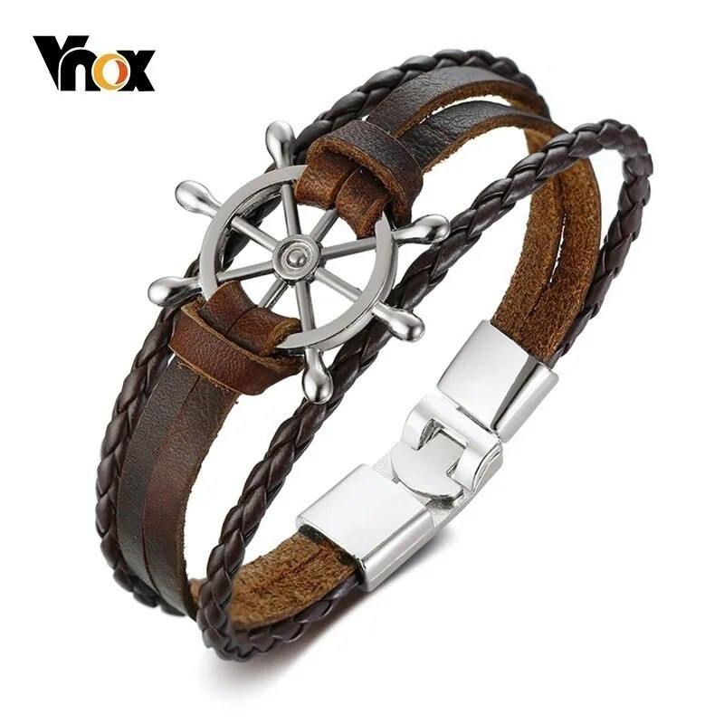 Vnox vintage vairo žavesio apyrankė vyrams Daugiasluoksnės odinės virvinės apyrankės apyrankės 7,87 colio pulseira masculina