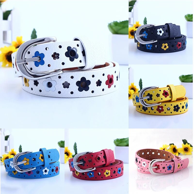 Gyerek üreges virágos derékpánt gyerekeknek aranyos ezüst csatos öv Műbőr deréköv Színes virágos ruházati öv Kiegészítők