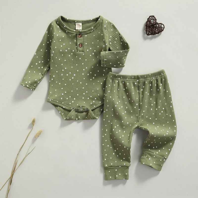 Įprastas, naujas rudens pavasario rūbų mergaičių rūbelių rinkinys su taškeliais raštu ilgomis rankovėmis O formos iškirpte, kelnių kostiumas su elastingu juosmeniu