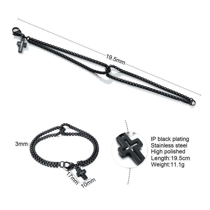 Vnox Simple Layered 3mm Rolo Chain Гривни за мъже, кръгла кутийка връзка с кръстосана талисманска лента за китка, Христова молитва Ретро ежедневен подарък