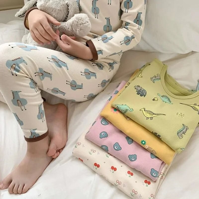 Детски комплект пижами Есенни анимационни памучни спални дрехи с дълъг ръкав за момчета, модни комплекти за нощно облекло за момичета