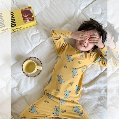 Vaikiškas pižamų rinkinys Rudeninis animacinis filmukas ilgomis rankovėmis medvilniniai berniukų miego rūbai madingi mergaičių naktinių drabužių komplektai