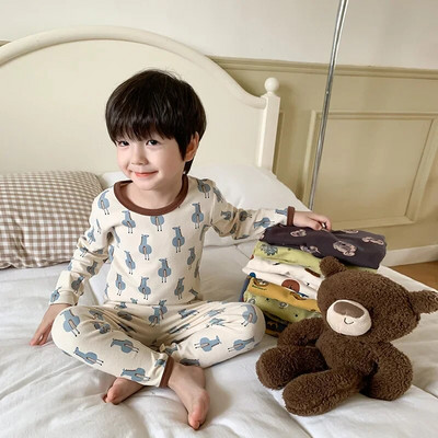 Vaikiškas pižamų rinkinys Rudeninis animacinis filmukas ilgomis rankovėmis medvilniniai berniukų miego rūbai madingi mergaičių naktinių drabužių komplektai