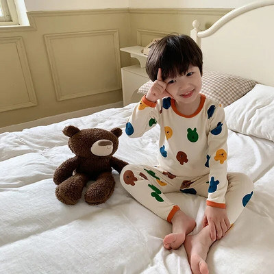 Vaikiškas pižamų rinkinys Rudeninis animacinis filmukas ilgomis rankovėmis medvilniniai berniukų miego rūbai madingi mergaičių naktinių drabužių komplektai