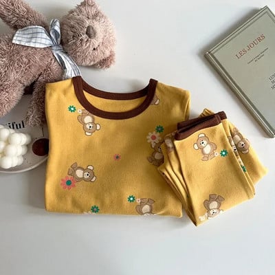 Vaikiškas pižamų rinkinys Rudeninis animacinis filmukas ilgomis rankovėmis medvilniniai berniukų miego rūbai madingi mergaičių naktinių drabužių komplektai