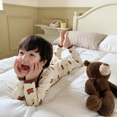 Vaikiškas pižamų rinkinys Rudeninis animacinis filmukas ilgomis rankovėmis medvilniniai berniukų miego rūbai madingi mergaičių naktinių drabužių komplektai