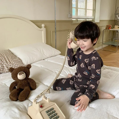 Vaikiškas pižamų rinkinys Rudeninis animacinis filmukas ilgomis rankovėmis medvilniniai berniukų miego rūbai madingi mergaičių naktinių drabužių komplektai