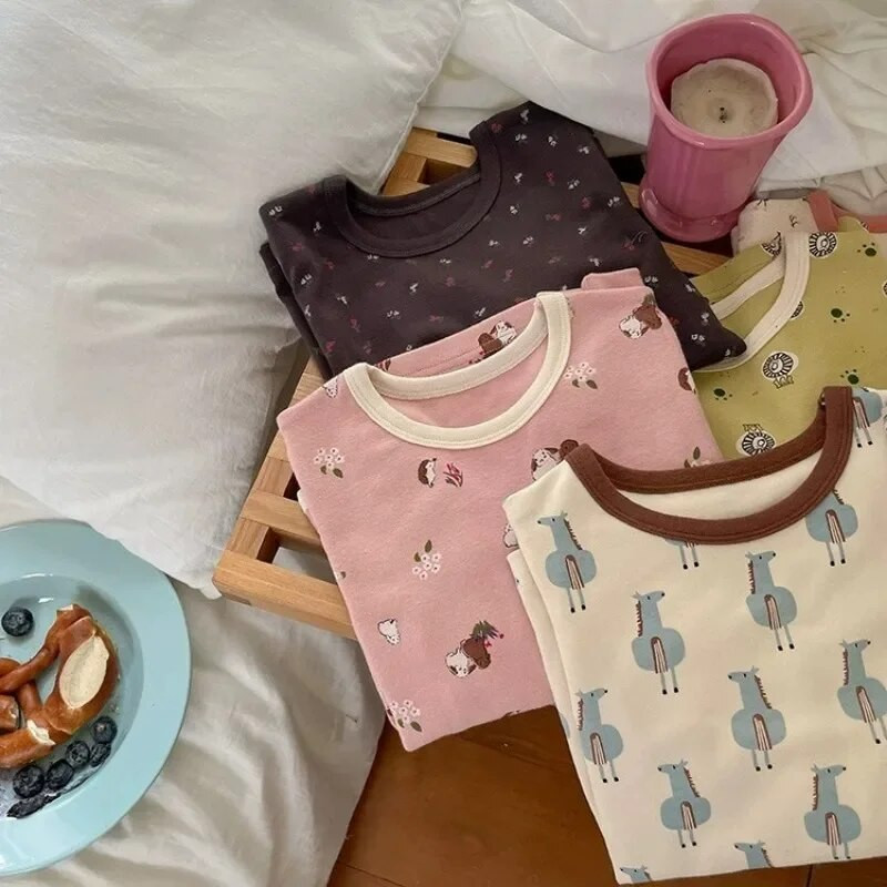 Vaikiškas pižamų rinkinys Rudeninis animacinis filmukas ilgomis rankovėmis medvilniniai berniukų miego rūbai madingi mergaičių naktinių drabužių komplektai