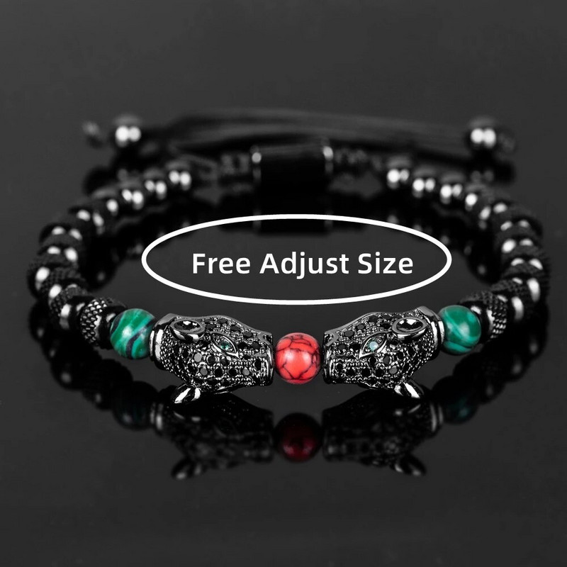 Noua tendință împletitură Pave CZ dublu cap de leopard emailat verde roșu brățară din oțel inoxidabil bijuterii bărbați pulseras mujer