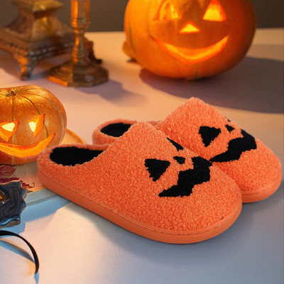 Papuci de dovleac de Halloween Fantomă Față amuzantă Pantofi de casă plat de interior Pluș moale Confortabil pentru femei Bărbați Film de groază Cadouri de Halloween